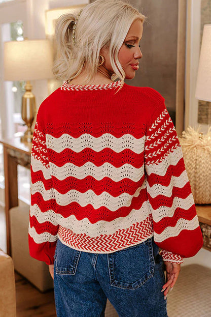 Black Stripe Pointelle Knit Contrast Trim Puff Sleeve Sweater