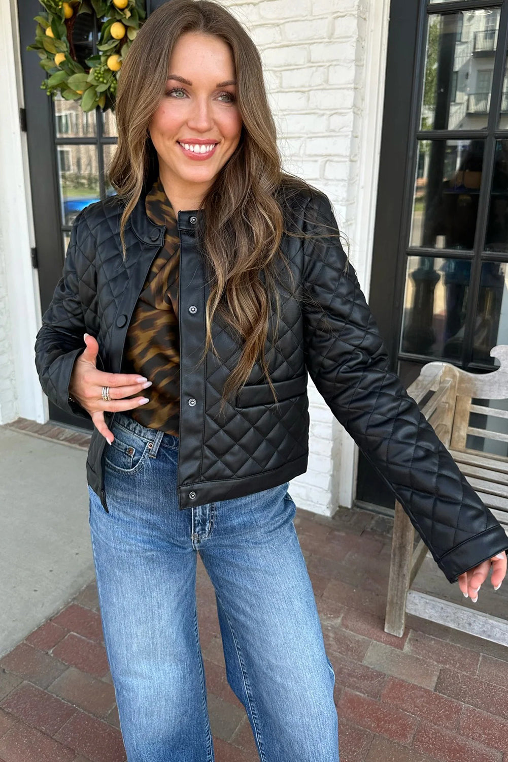 Black Faux Leather Quilted Snap Button Winter Jacket