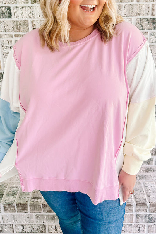 Pink Colorblock Patchwork Drop Shoulder Plus Size Sweatshirt