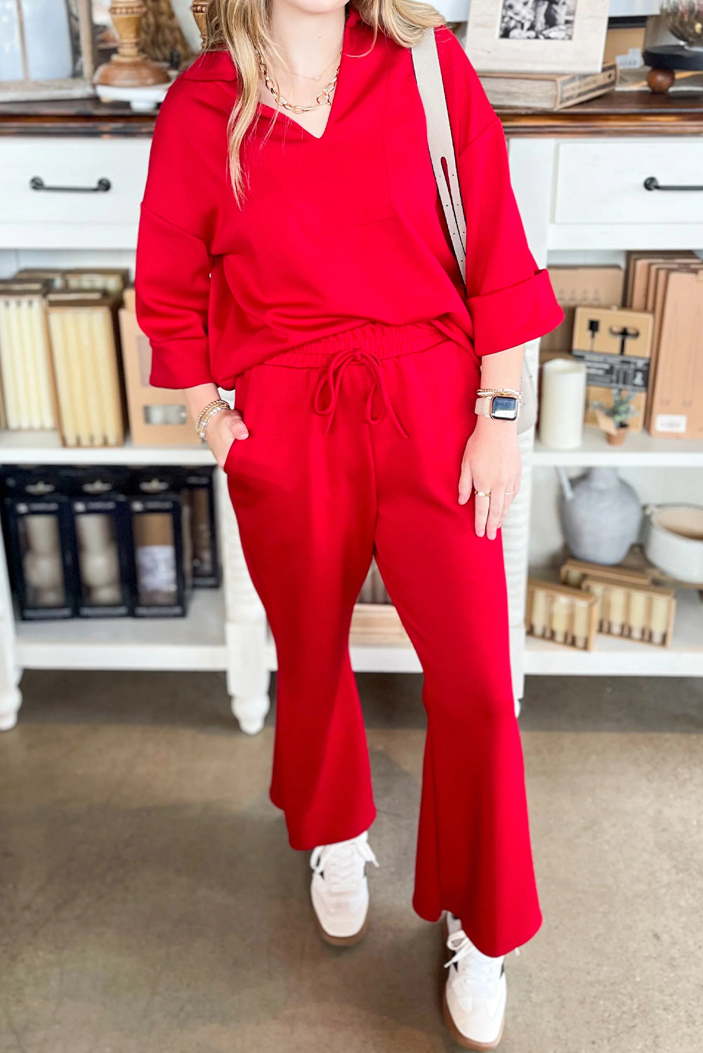 Fiery Red Polo Collar V Neck 3/4 Sleeve Pullover Drawstring Bell Bottom Pants 2pcs Set