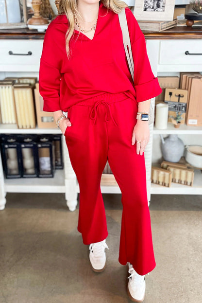 Fiery Red Polo Collar V Neck 3/4 Sleeve Pullover Drawstring Bell Bottom Pants 2pcs Set