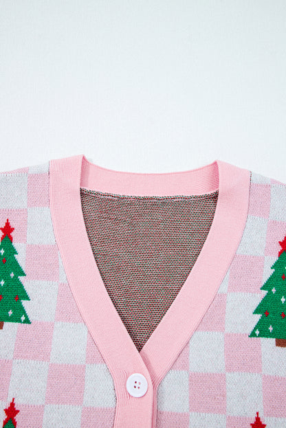 Pink Checkered Christmas Tree Pattern Button V Neck Cardigan Sweater