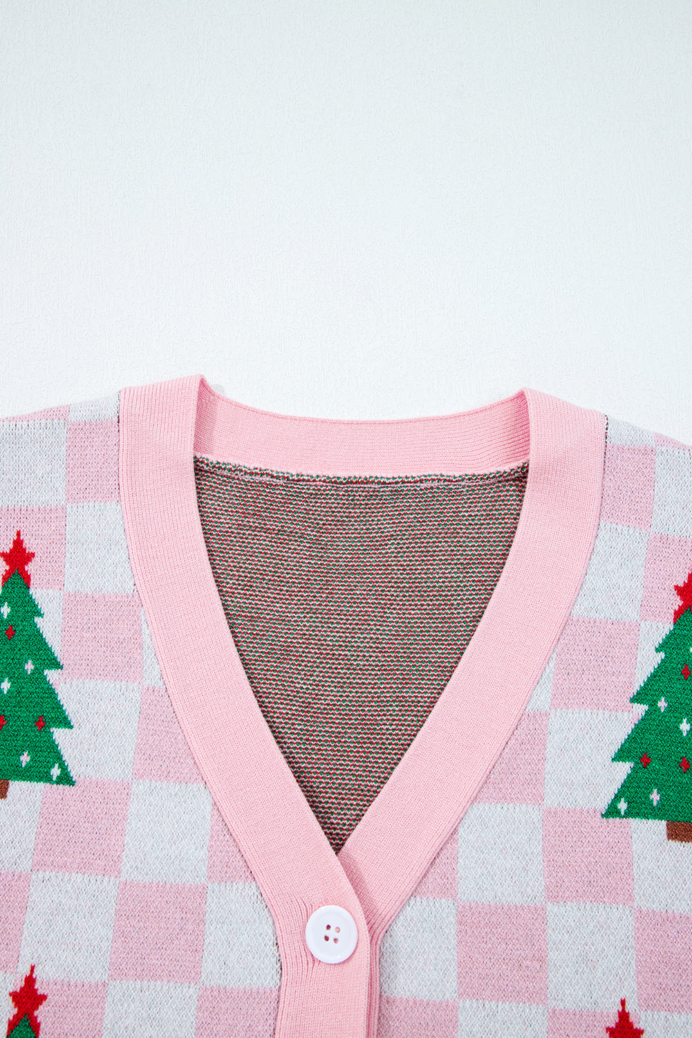Pink Checkered Christmas Tree Pattern Button V Neck Cardigan Sweater