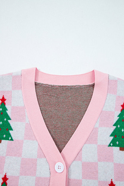 Pink Checkered Christmas Tree Pattern Button V Neck Cardigan Sweater