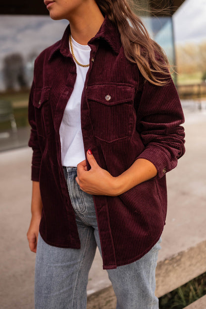 Grape Wine Solid Color Button Flap Pocket Corduroy Shacket