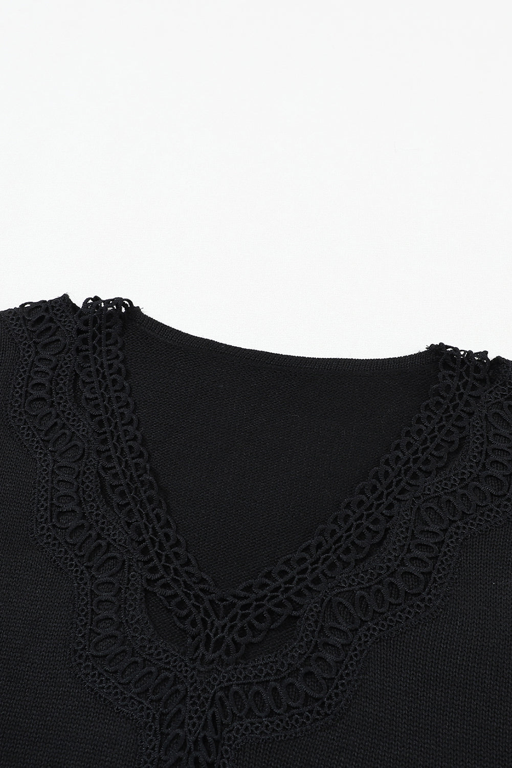 Elegant Black Lace V-Neck Knit Sweater with Hollow Details
