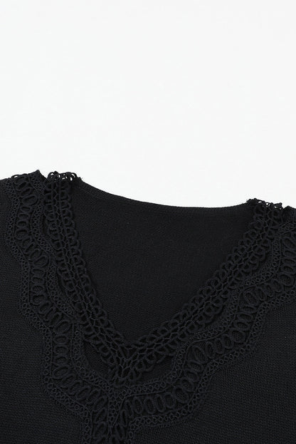 Elegant Black Lace V-Neck Knit Sweater with Hollow Details