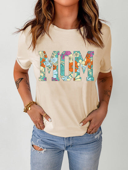 Khaki Floral "MOM" Print Crew Neck T-Shirt