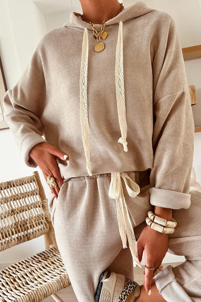 Jet Stream Lace/Leopard Drawstring Pullover Hoodie and High Waist Pants Corduroy Suit