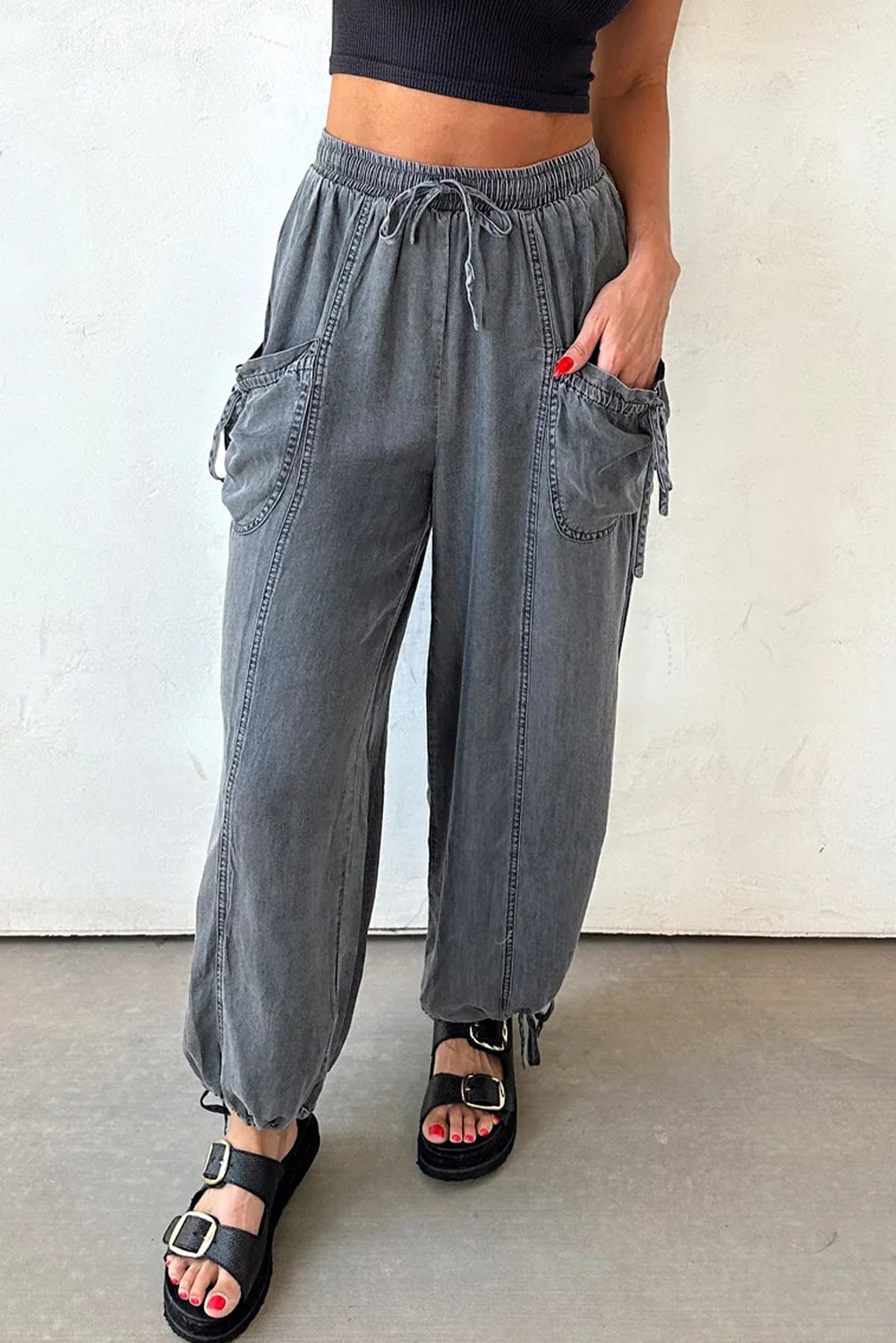 Medium Grey Drawstring Elastic Waist Pocketed Knot Hem Denim Joggers