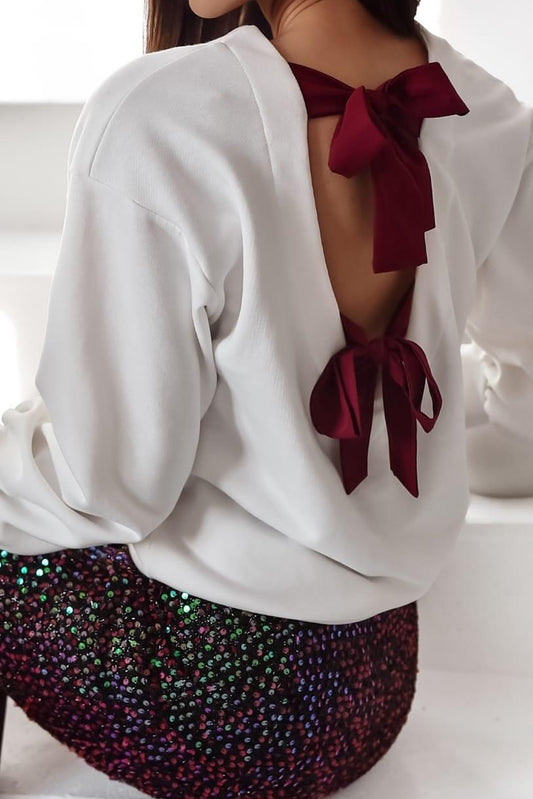 White Contrast Tied Hollow-out Back Drop Shoulder Round Neck Top