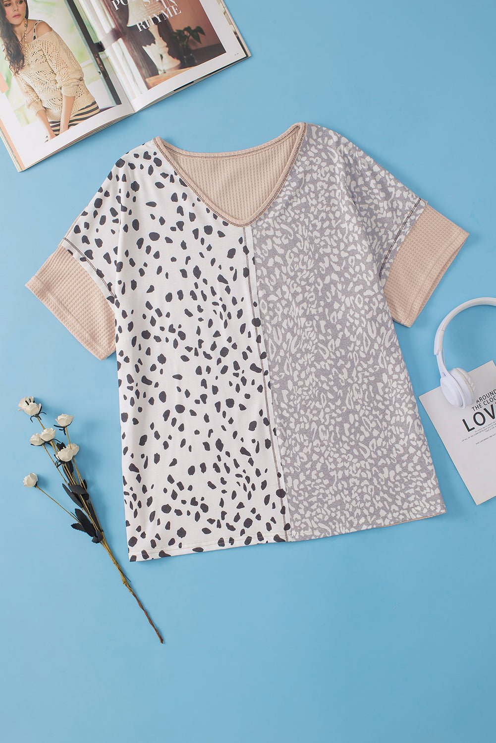 Leopard Print Colorblock V Neck Khaki Plus Size Tunic