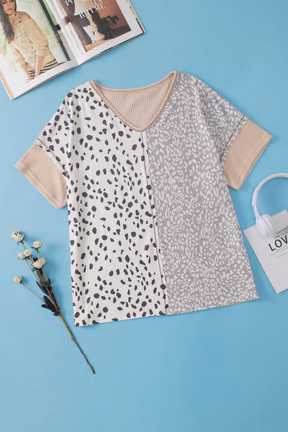 Leopard Print Colorblock V Neck Khaki Plus Size Tunic