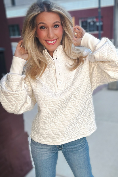 White Quilted Bishop Sleeve Buttoned High Neck Pullover Sweatshirt