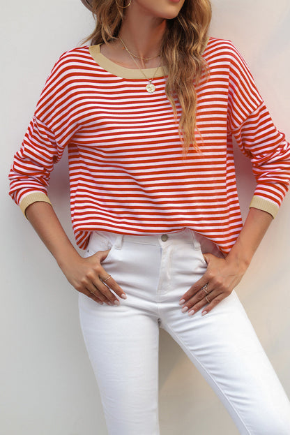 Fiery Red Striped Contrast Trimmed Drop Shoulder Sweater