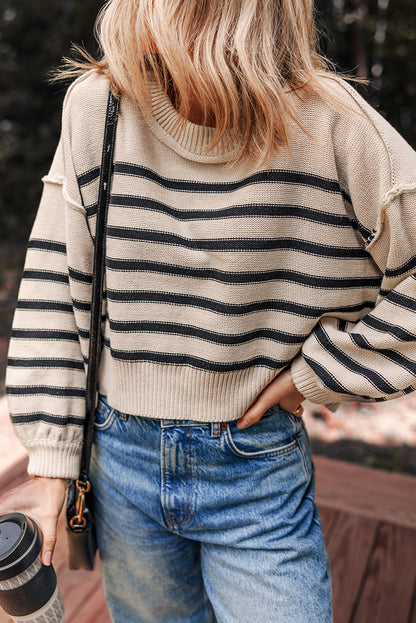 Black Stripe Ribbed Trim Drop Shoulder Puff Sleeve Sweater