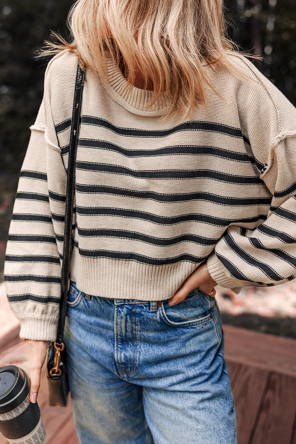 Black Stripe Ribbed Trim Drop Shoulder Puff Sleeve Sweater