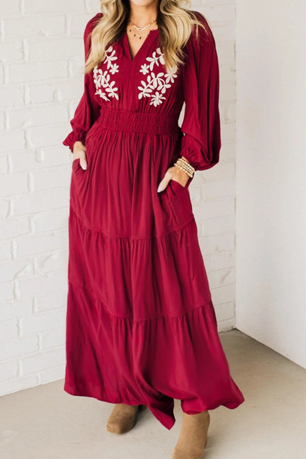 Racing Red Contrast Embroidered Detail V Neck Long Sleeve Maxi Dress