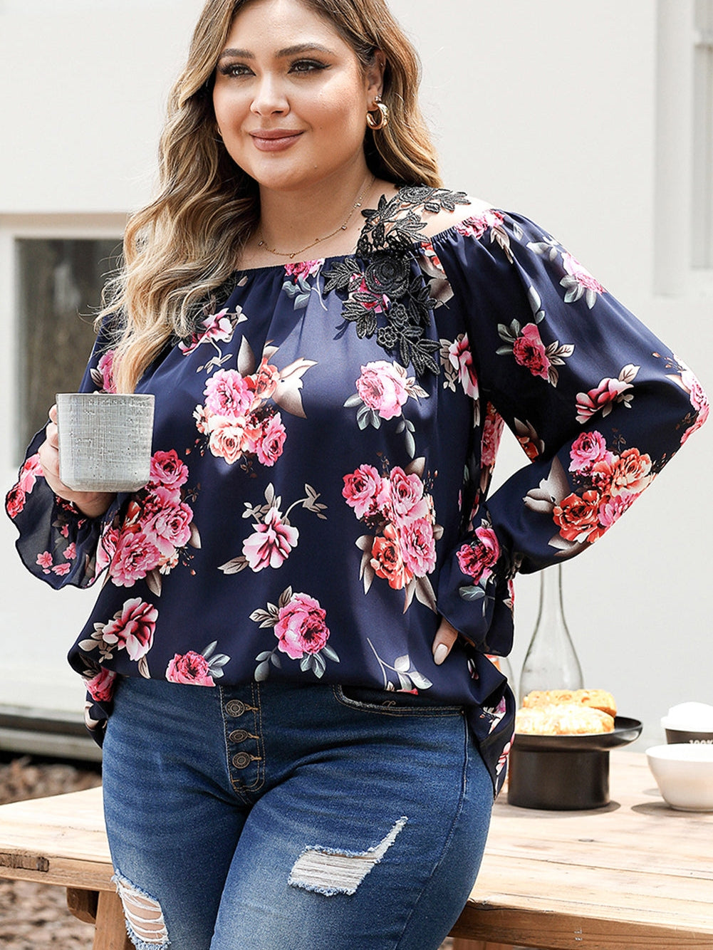 Navy Blue Floral Crochet Cold Shoulder Plus Size Blouse