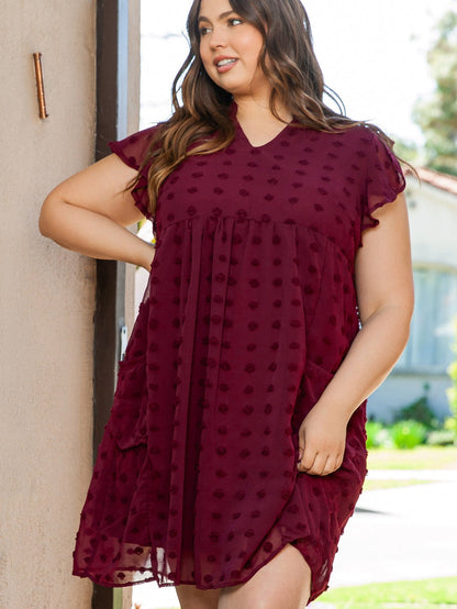 Swiss Dot Burgundy Plus Size V-Neck Mini Dress with Ruffled Sleeves
