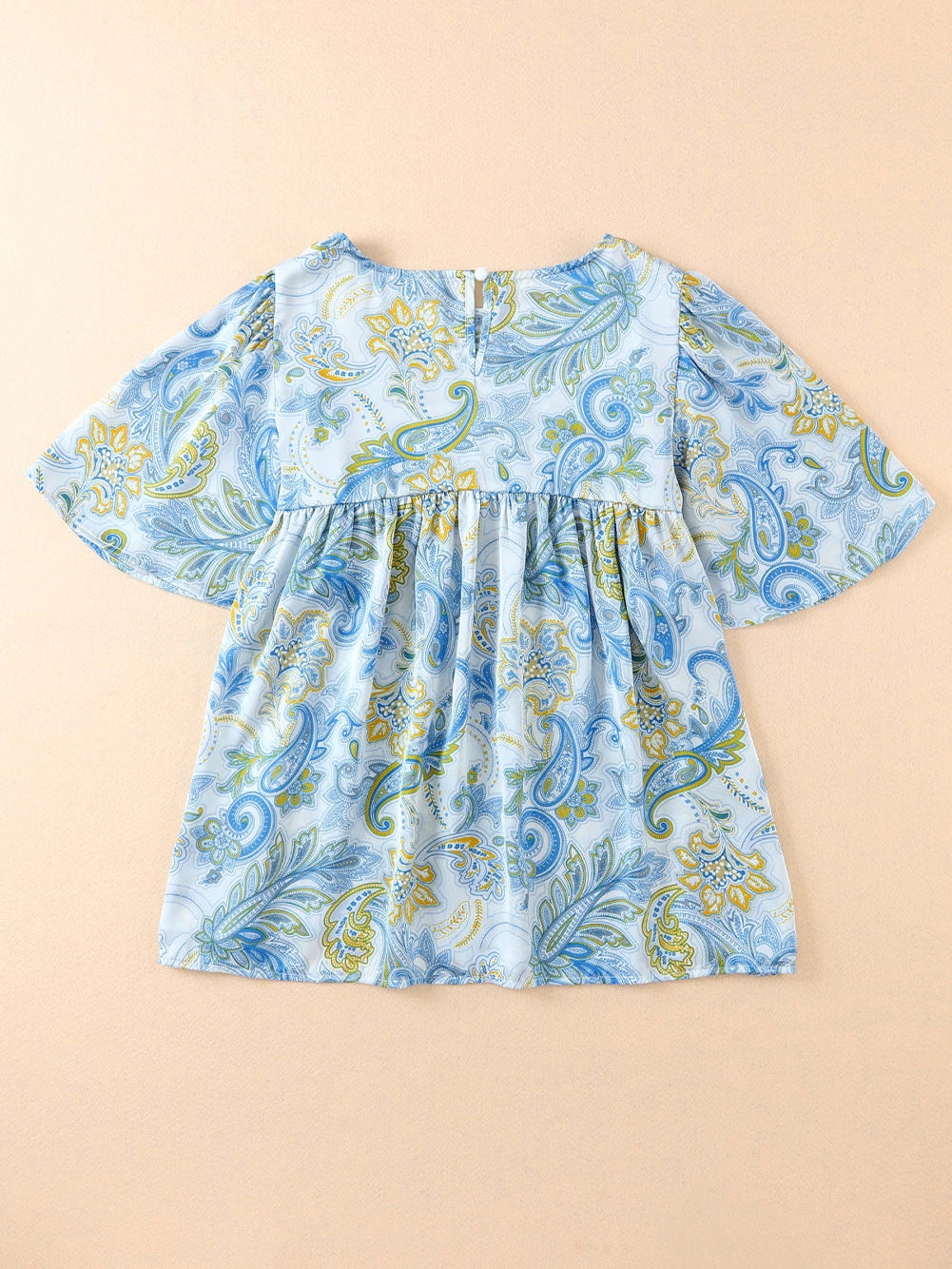 Elegant Sky Blue Paisley Pattern Flowy Blouse with Wide Sleeves