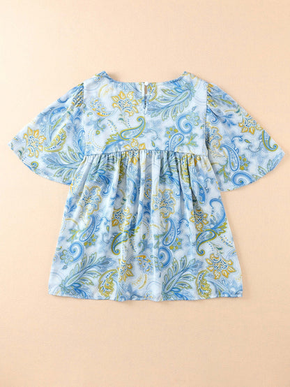 Elegant Sky Blue Paisley Pattern Flowy Blouse with Wide Sleeves