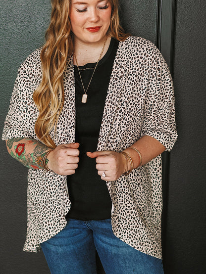 Leopard Print Khaki Plus Size Open Front Cardigan with Half Sleeves