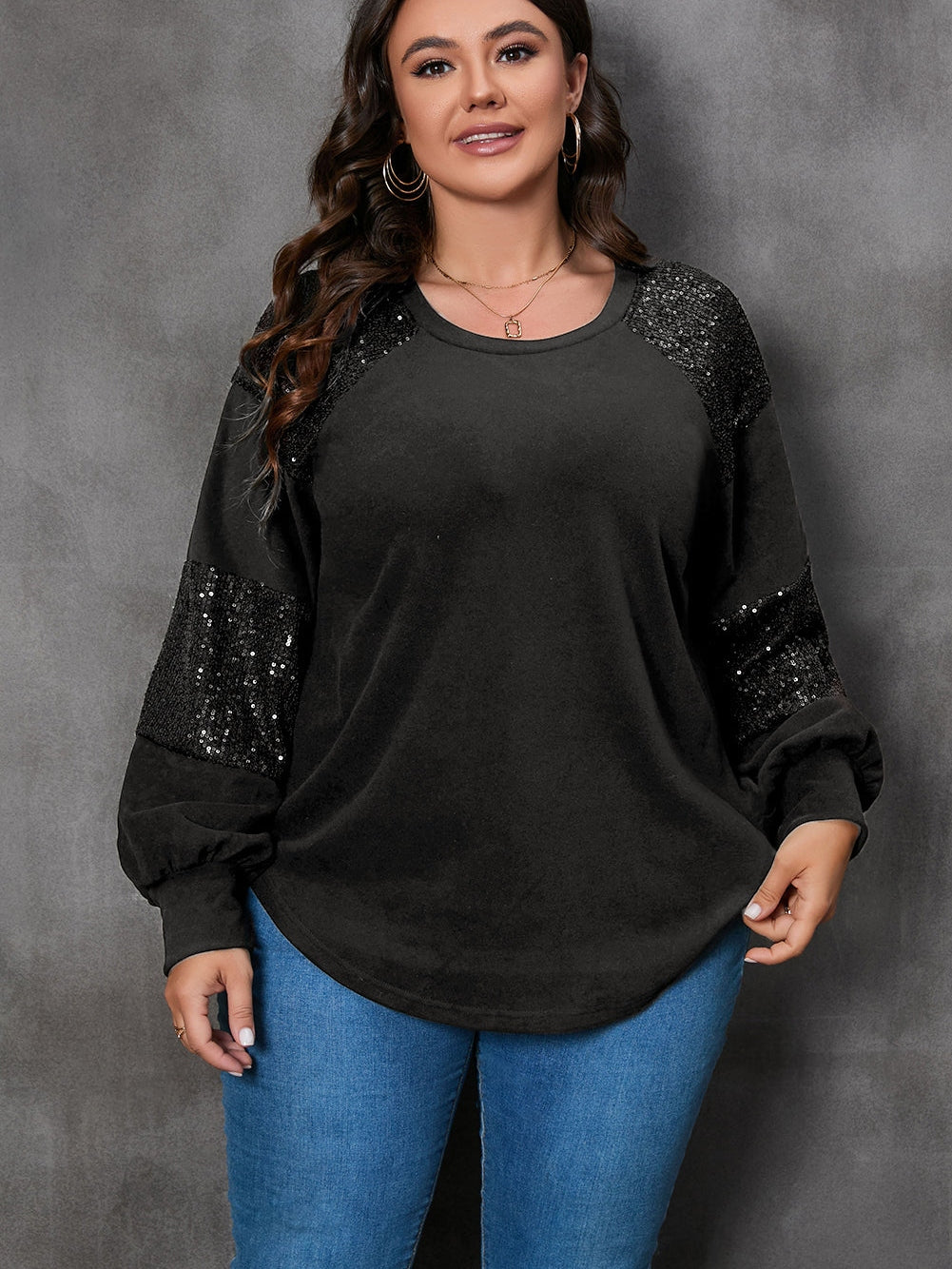 Sparkling Black Plus Size Sequin Patchwork Long Sleeve Top