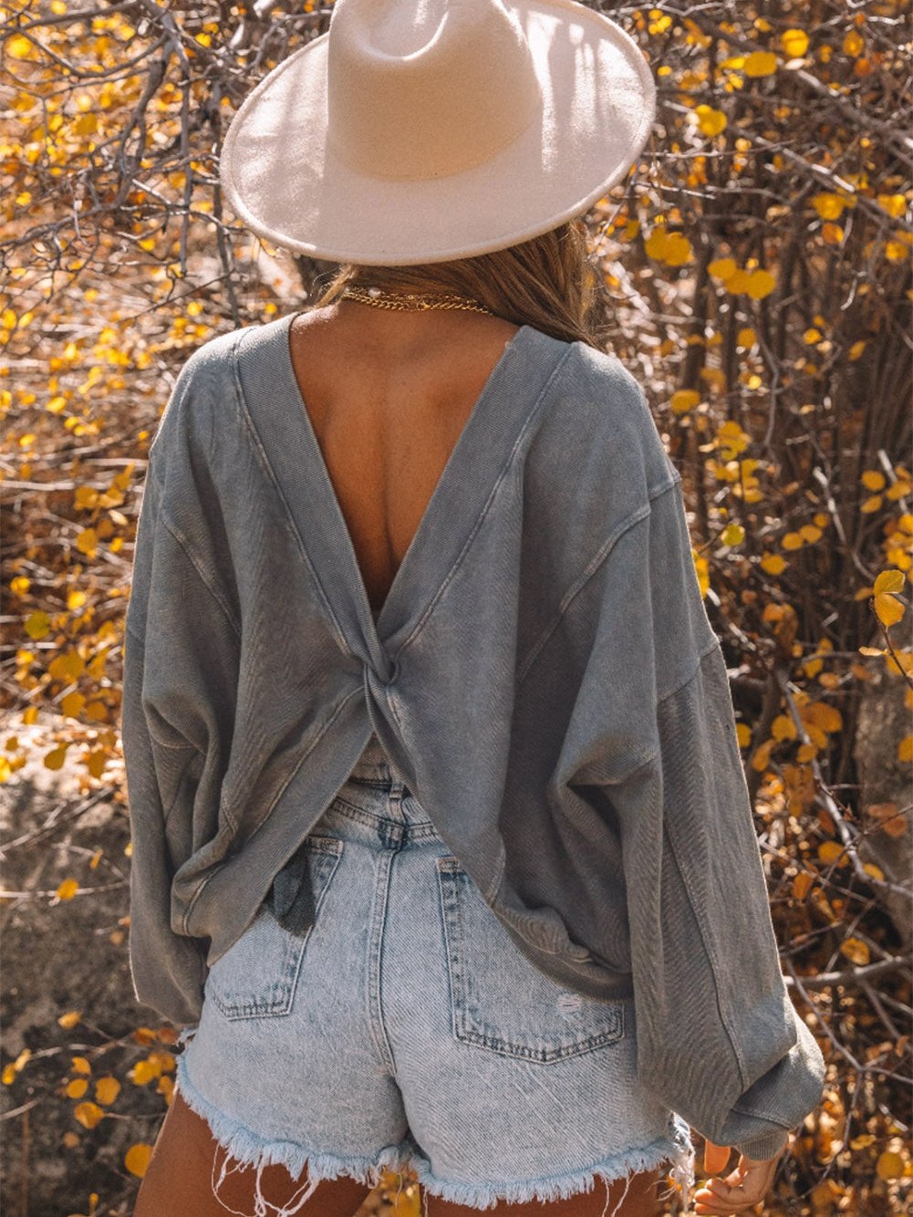 Exposed Seam Twist Gray Oversized Pullover with Open Back