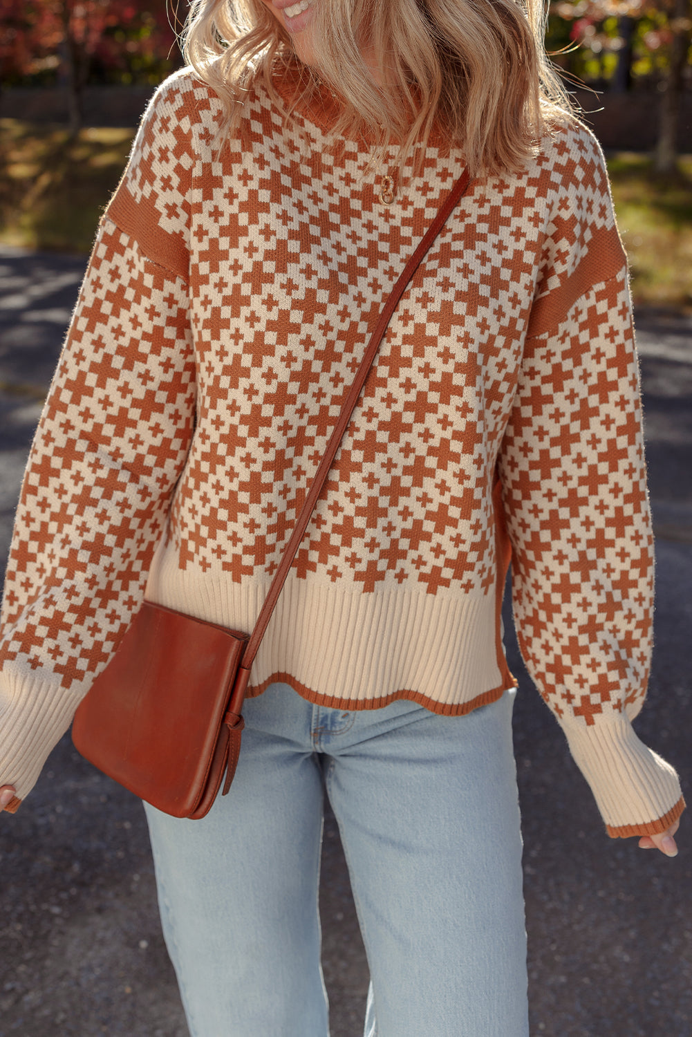 Brown Two Tone Contrast Geometric Ribbed Edge Loose Sweater