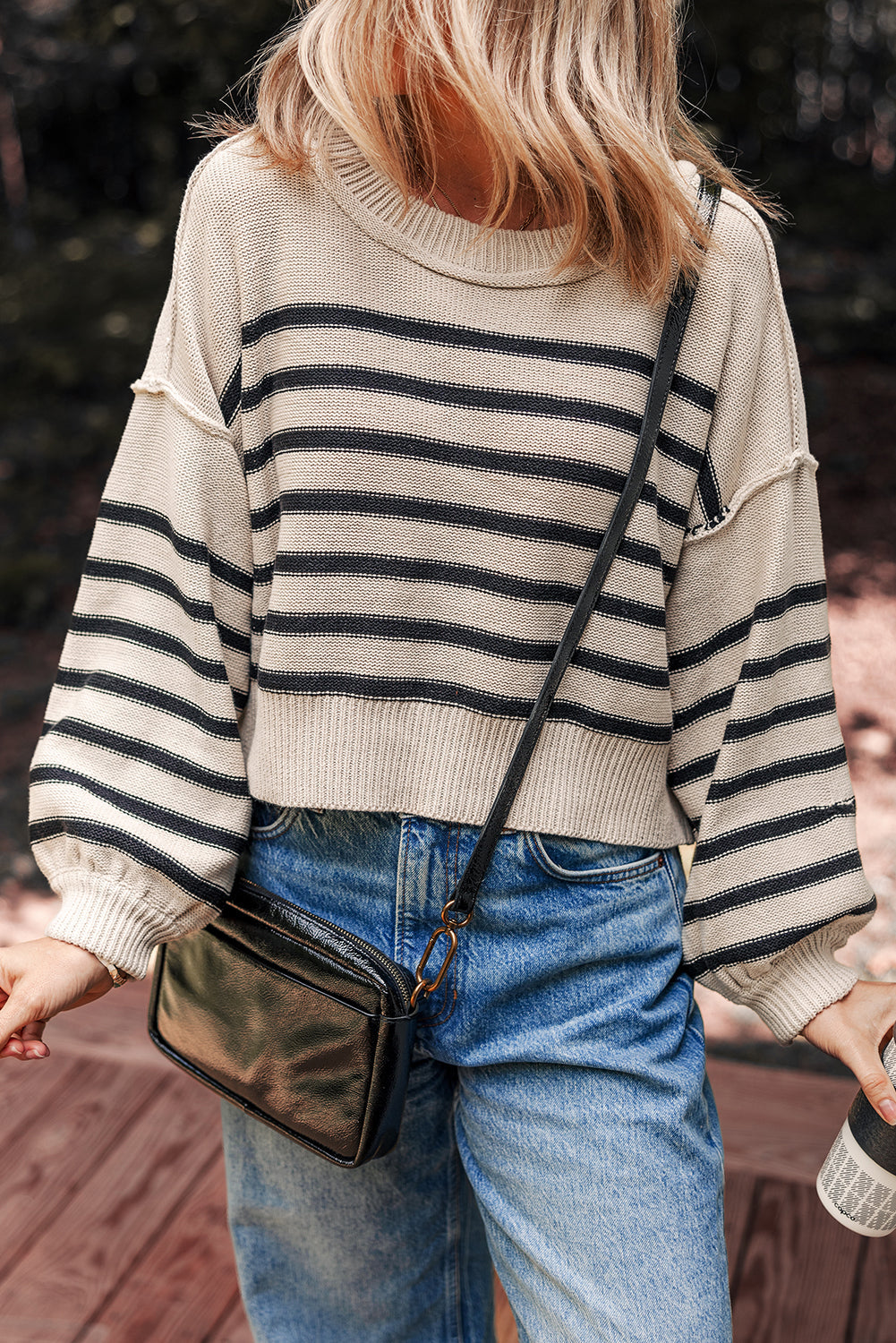 Black Stripe Ribbed Trim Drop Shoulder Puff Sleeve Sweater