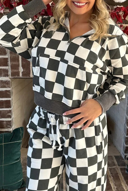 Gray Checkered Print Half Zip Hoodie