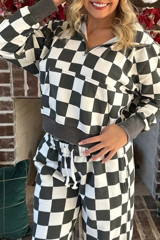 Gray Checkered Print Half Zip Hoodie