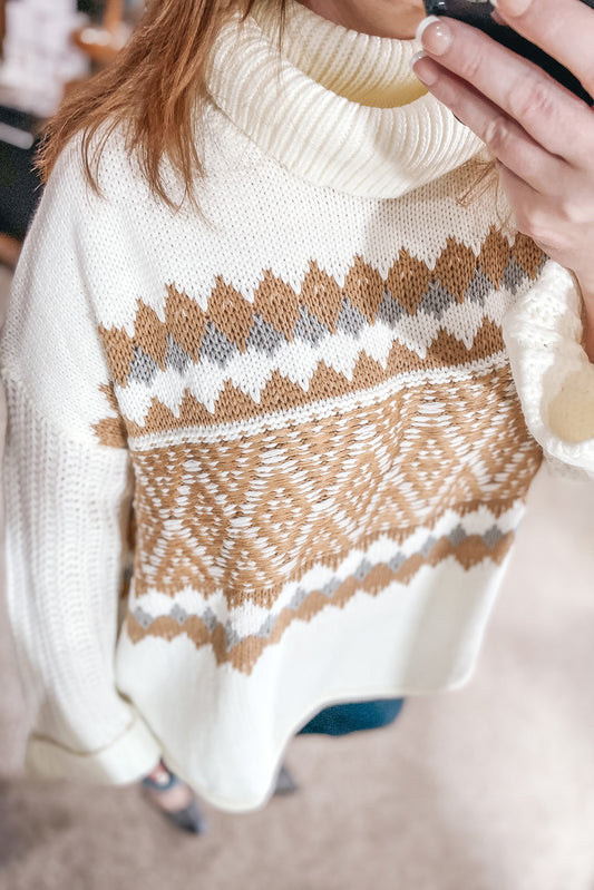 White Plus Size Turtleneck Geometric Pattern Knit Drop Shoulder Sweater