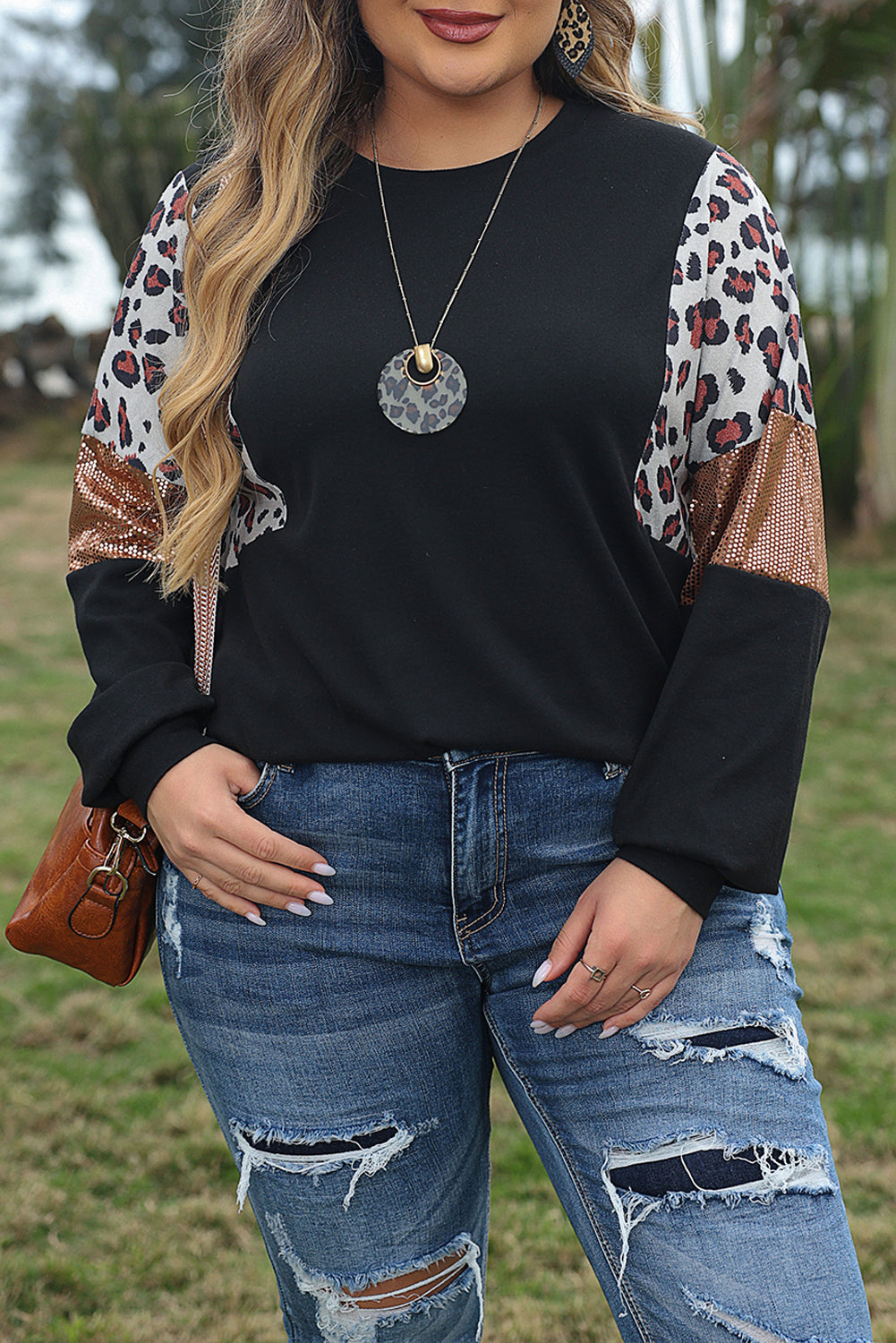 Leopard Print Sequin Embellished Plus Size Top with Long Sleeves
