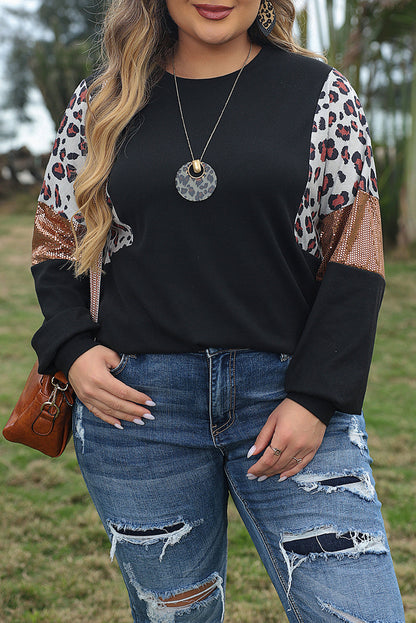 Leopard Print Sequin Embellished Plus Size Top with Long Sleeves