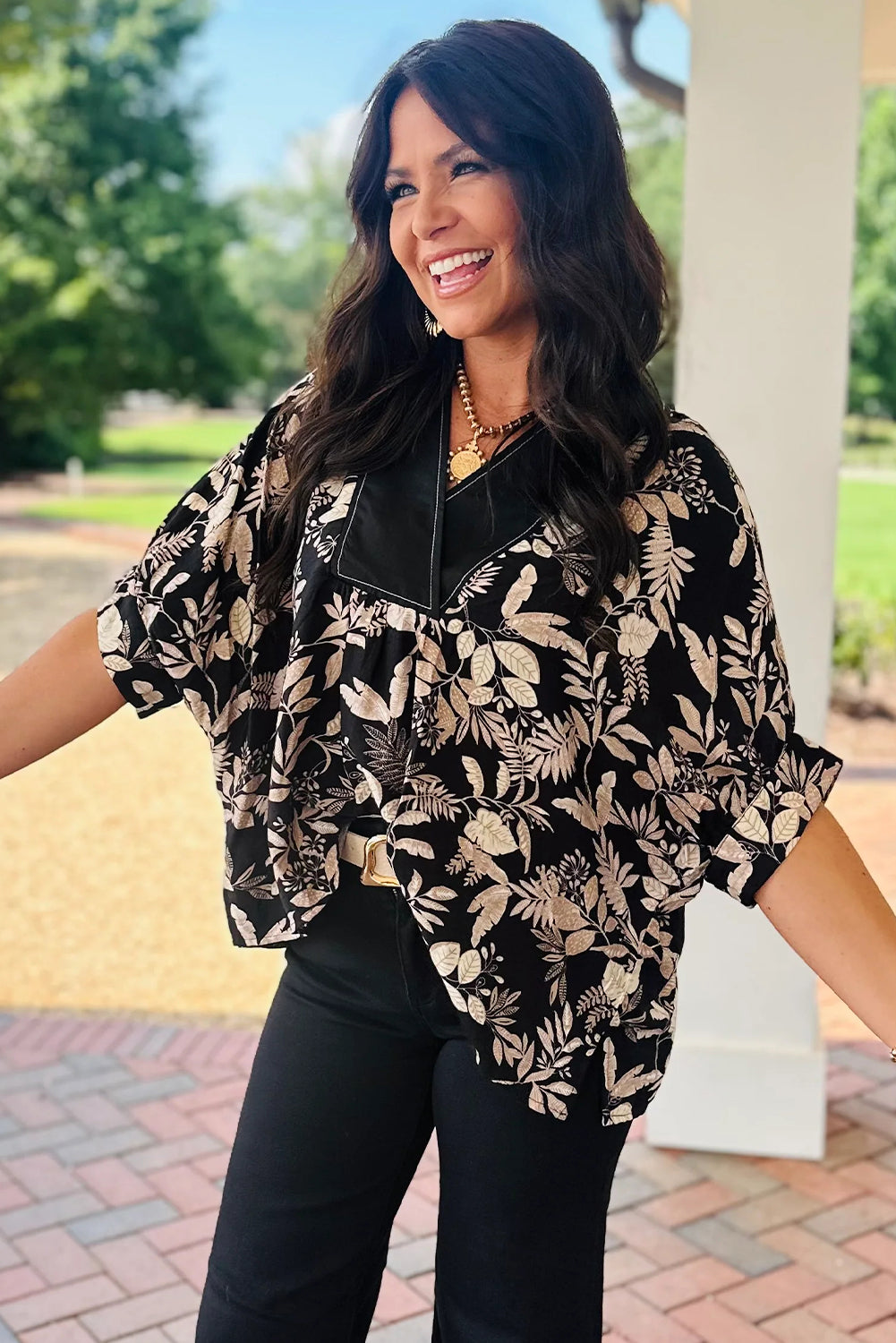 Black Botanical Leafy Print Color Block V Neck Half Sleeve Dolman Blouse
