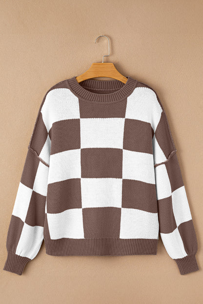 brown checkered sweater