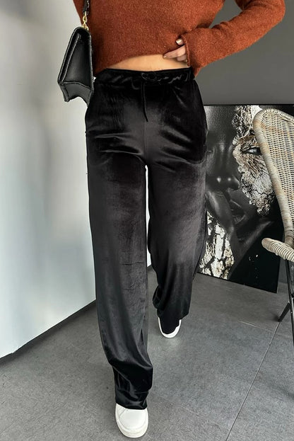 Black Shiny Velvet Drawstring High Waist Straight Leg Casual Pants