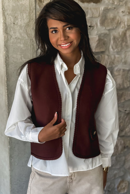 Coffee Braided Trim Open Front Vest