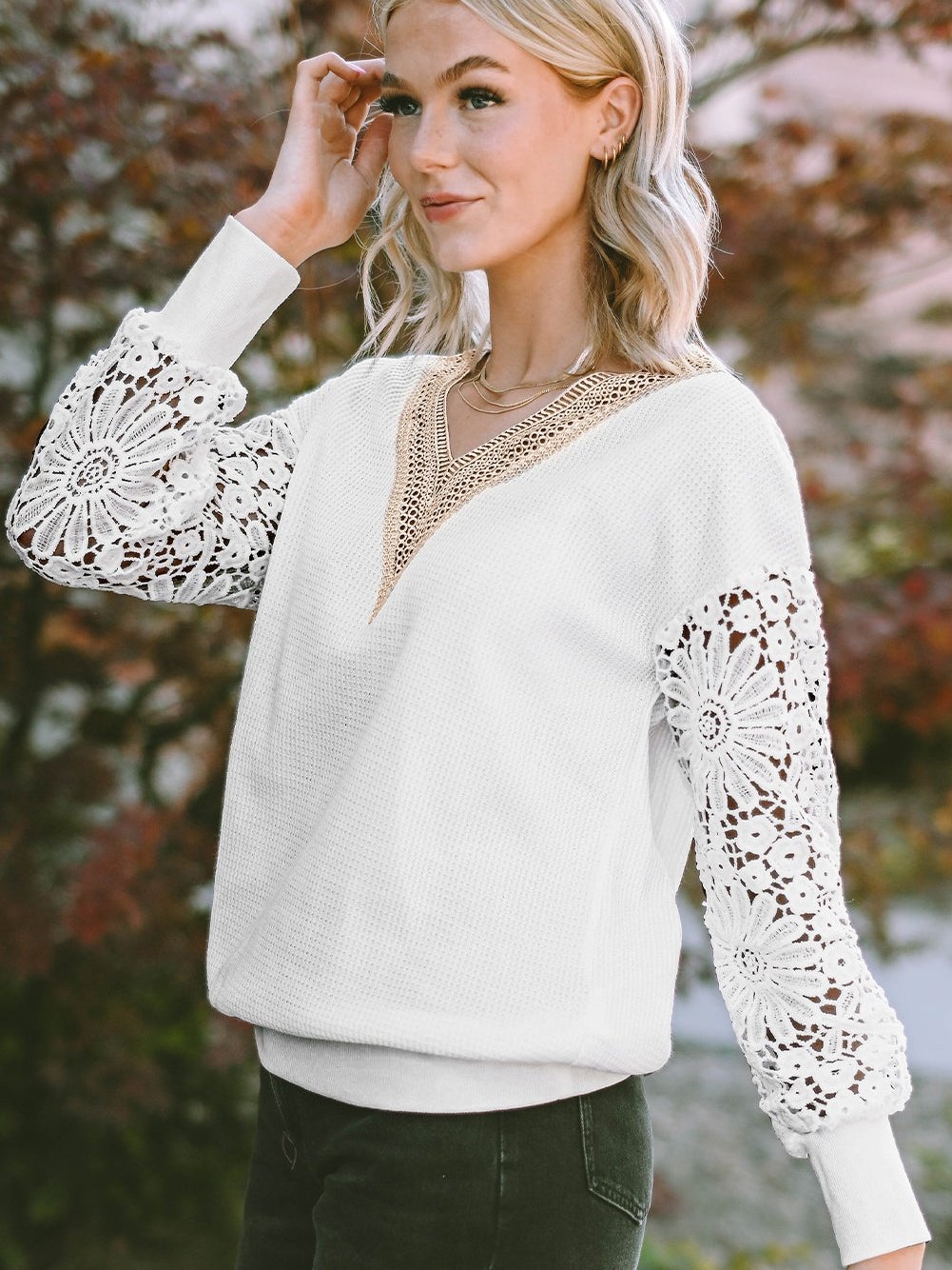 Elegant White Guipure Lace V-Neck Winter Top