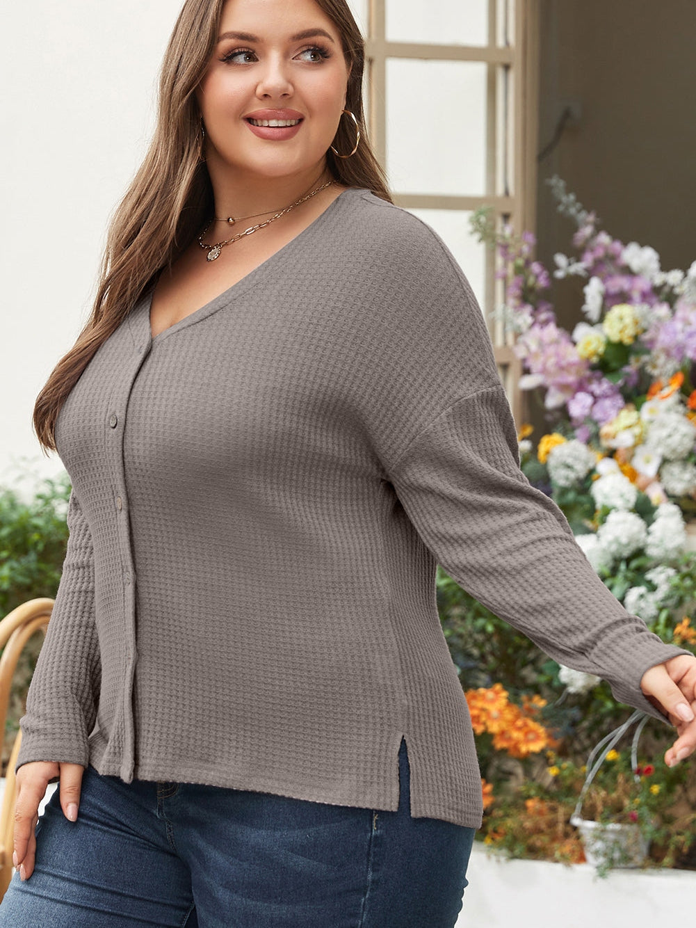 Simply Taupe Waffle Knit Drop Shoulder Button V Neck Plus Size Top