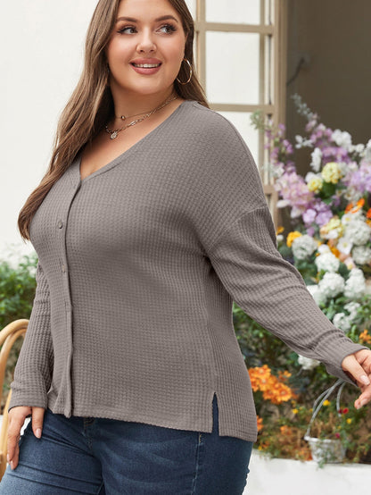 Simply Taupe Waffle Knit Drop Shoulder Button V Neck Plus Size Top