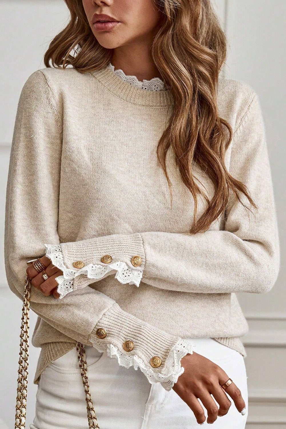 Jet Stream Lace Trim Patchwork Buttoned Cuffs Loose Sweater