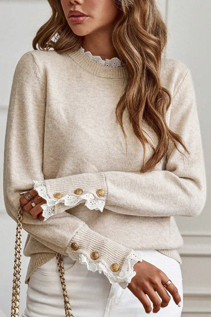 Jet Stream Lace Trim Patchwork Buttoned Cuffs Loose Sweater