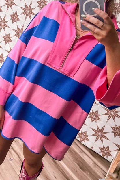 Pink Striped Color Block Zip Neck Patchwork 3/4 Sleeve Loose T Shirt Mini Dress