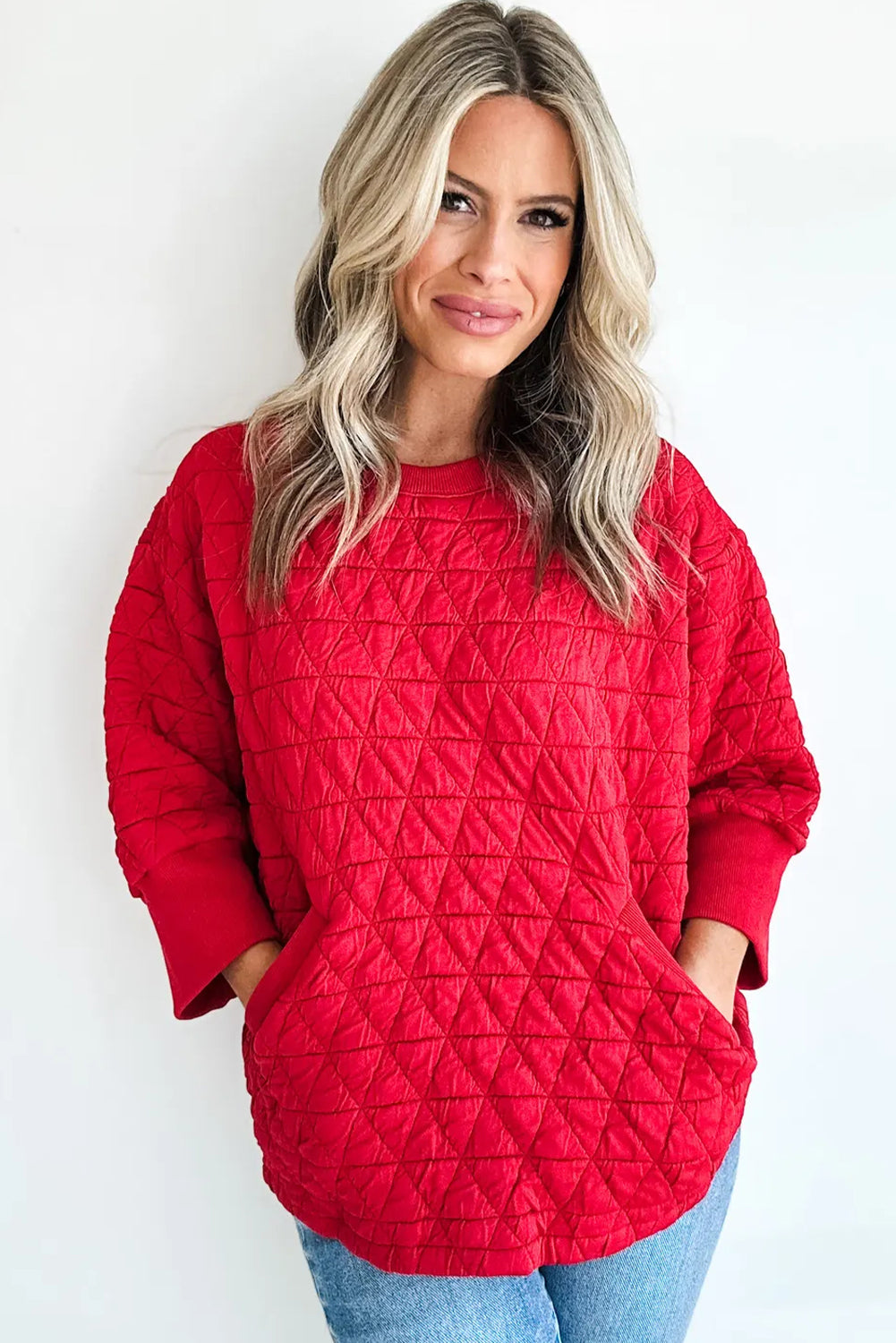 Fiery Red Quilted Texture Loose 3/4 Sleeve Top