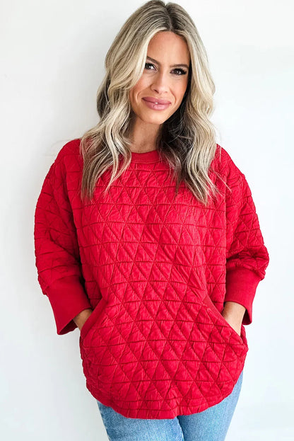 Fiery Red Quilted Texture Loose 3/4 Sleeve Top