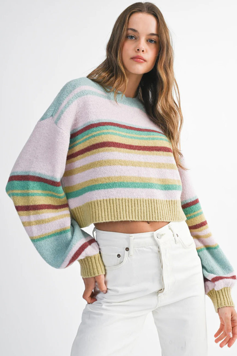 Multicolour Striped Knit Ribbed Trim Cropped Baggy Sweater
