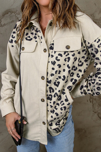 Apricot Corduroy Jacket with Leopard Print Details and Pockets